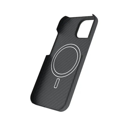 Real Aramid fiber case for iPhone 15 Pro Max by Carbon Loom, showing the sleek textured black material and precise camera cutout.