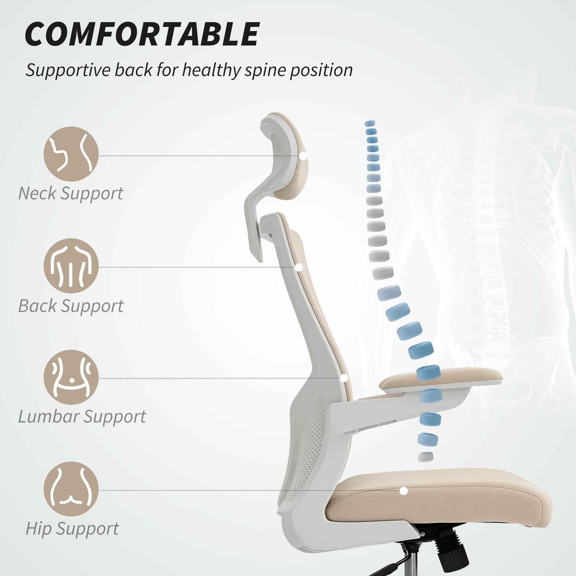 Andre Ergonomic Office Chair with 2D Lumbar Support and adjustable Headrest-Beige/White