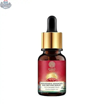 Forest Essentials Age Defying Serum with 24K Gold for facial treatment, featuring a sleek bottle with a gold-toned dropper.