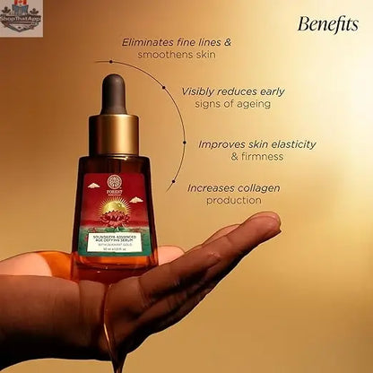 Forest Essentials Age Defying Serum with 24K Gold for radiant skin, featuring a luxurious facial treatment in a sleek bottle.