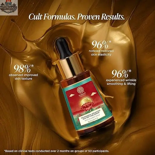 Forest Essentials Age Defying Serum with 24K Gold for facial treatment, shown in a sleek glass bottle with gold accents.