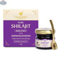 Prithvi Mart Upakarma Ayurveda Shilajit Resin with Ashwagandha, natural supplement for enhanced wellness, shown in a glass jar.