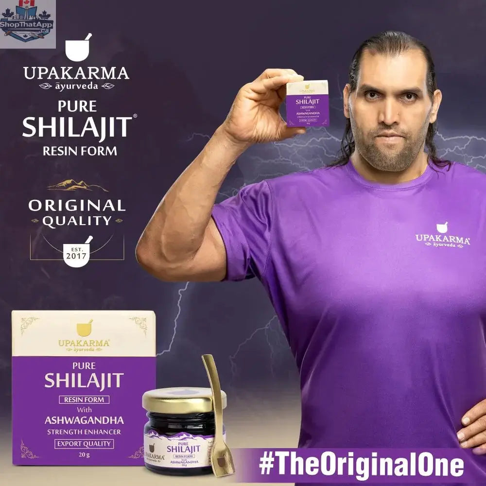 Prithvi Mart Upakarma Ayurveda Shilajit resin with Ashwagandha, natural supplement for enhanced wellness and vitality.