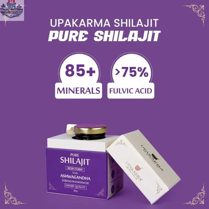 Prithvi Mart Upakarma Ayurveda Shilajit Resin with Ashwagandha for wellness, showing the resin and herbal supplement packaging