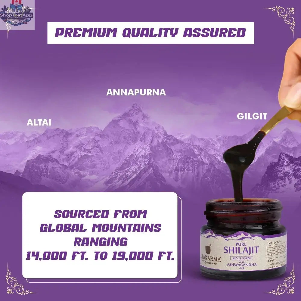 Upakarma Ayurveda Shilajit resin with Ashwagandha supplement from Prithvi Mart, showing natural resin and Ashwagandha roots on a white background.