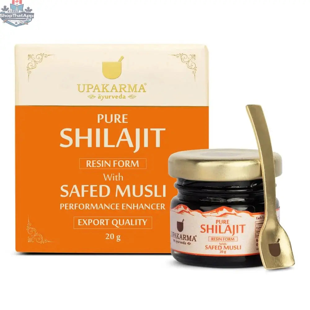 Prithvi Mart Upakarma Ayurveda Shilajit Resin with Safed Musli, natural supplement for enhanced vitality and overall wellness.