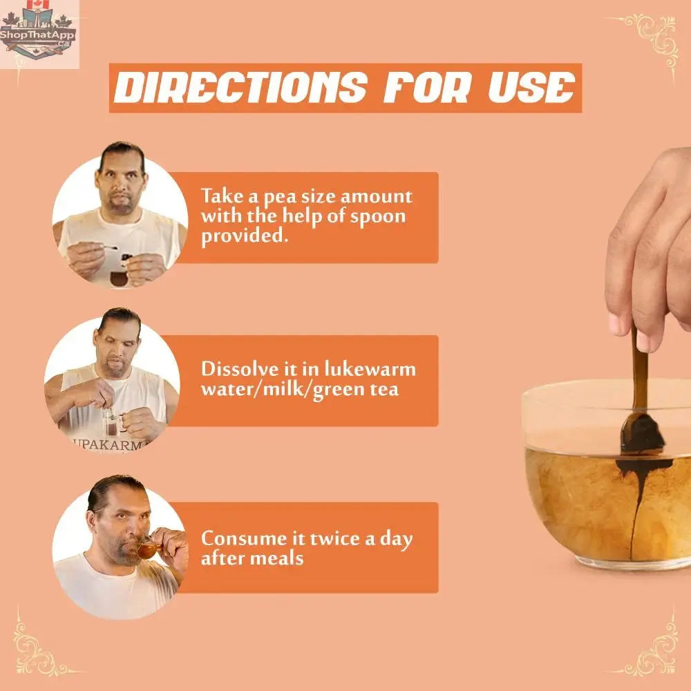 Upakarma Ayurveda Shilajit resin with Safed Musli in a glass jar, highlighting the natural resin and herbal supplement for vitality.