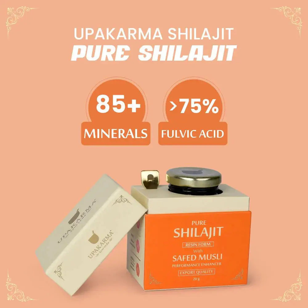 Prithvi Mart Upakarma Ayurveda Shilajit Resin with Safed Musli for vitality, showing the resin and herbs in a natural setting.