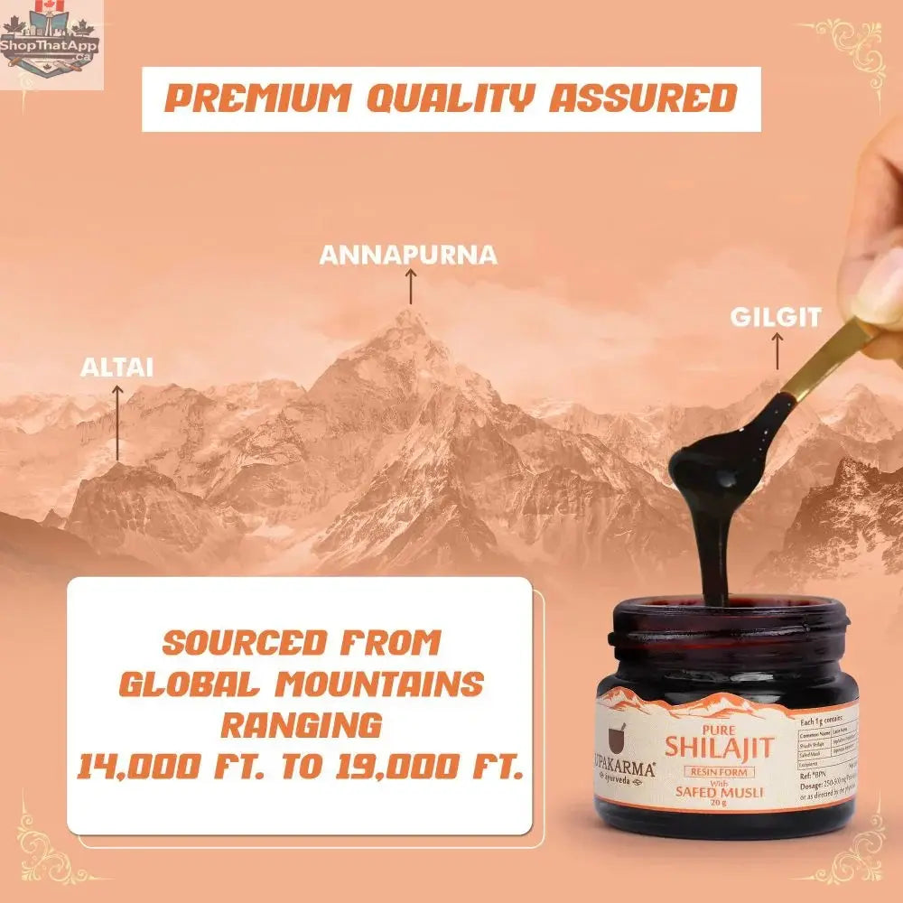 Prithvi Mart Upakarma Ayurveda Shilajit resin with Safed Musli for enhanced vitality, showing the resin and herbal ingredients.