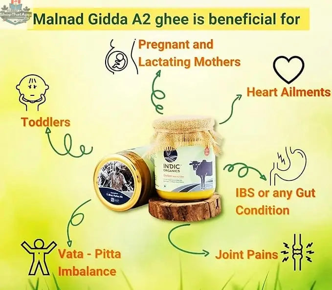 Pure Indic Organics Malnad Gidda A2 Desi Cow Ghee from Prithvi Mart, shown in a traditional container, highlighting its rich, cultured texture.