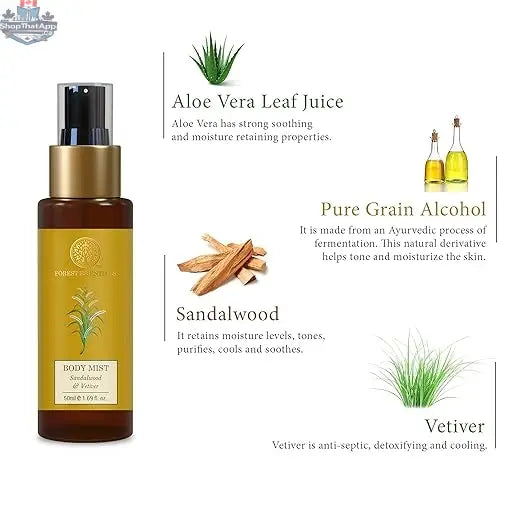 Forest Essentials sandalwood vetiver body mist with aloe vera for a hydrating, fragrant spray for smooth, scented skin.