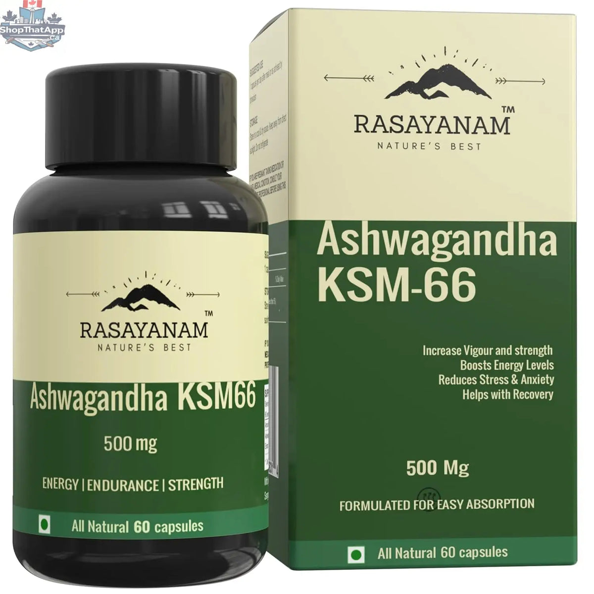 Prithvi Mart Rasayanam Ashwagandha capsules for wellness and vitality, showing brown capsules in a clear bottle.