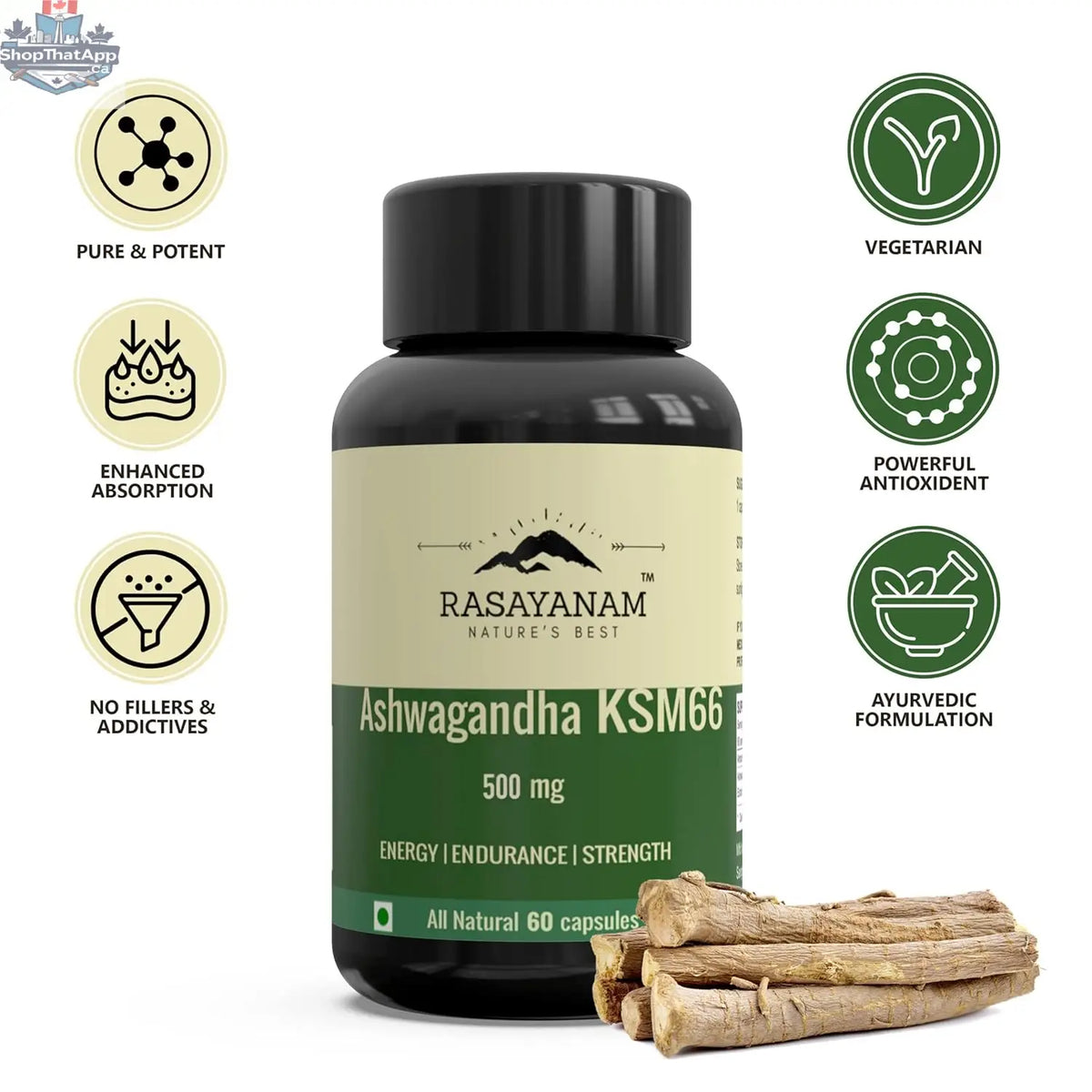 Prithvi Mart Rasayanam Ashwagandha capsules for wellness and vitality, showing the supplement bottle with label and capsules inside.