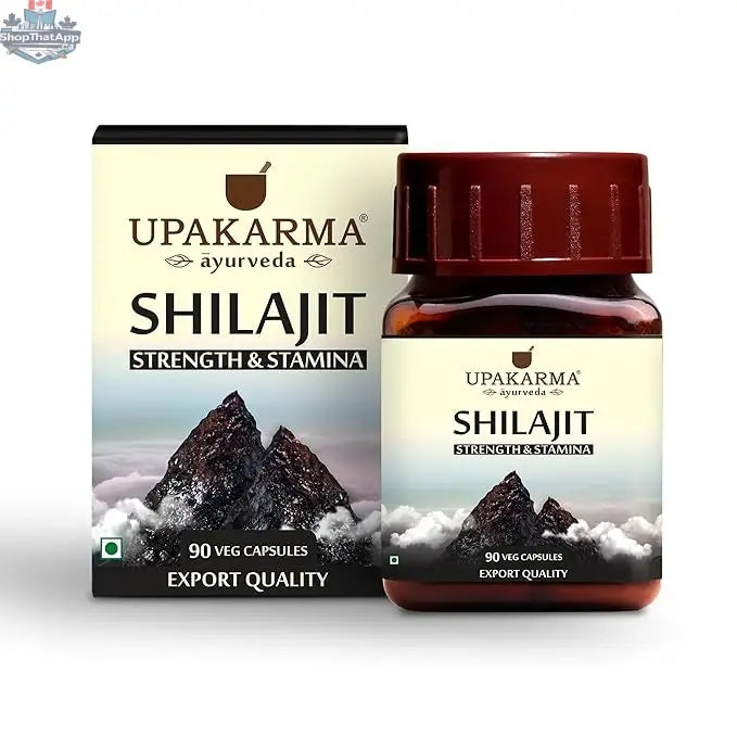 Upakarma Ayurveda Pure Shilajit capsules in a bottle, natural supplement with 90 capsules, by Prithvi Mart