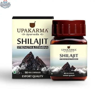 Upakarma Ayurveda Pure Shilajit capsules in a bottle, natural supplement with 90 capsules, by Prithvi Mart