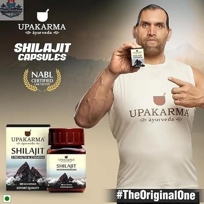 Upakarma Ayurveda pure Shilajit capsules in a bottle, 90 count, natural dietary supplement by Prithvi Mart