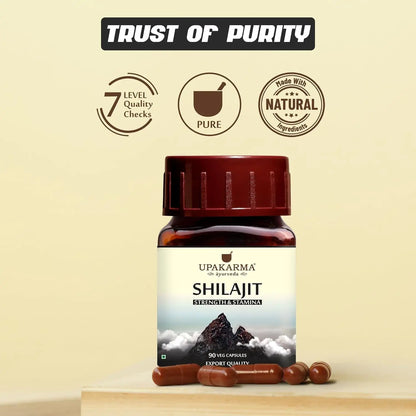 Upakarma Ayurveda Pure Shilajit capsules in a bottle, 100% natural dietary supplement for energy and vitality.