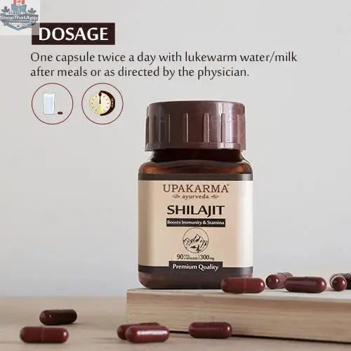 Prithvi Mart Upakarma Ayurveda Pure Shilajit Capsules in a bottle, showing 90 natural Shilajit capsules for health and wellness.