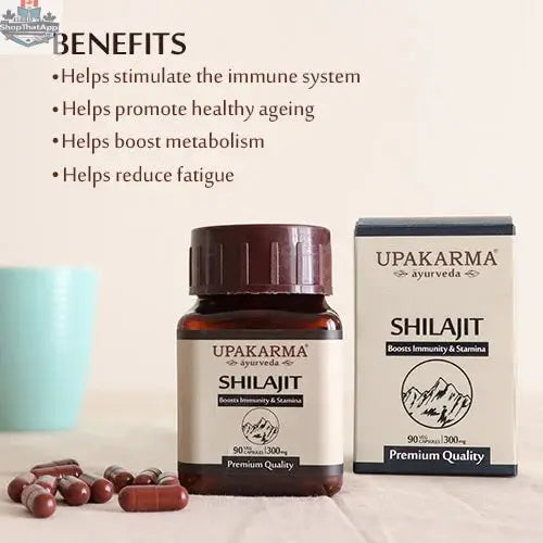 Prithvi Mart Upakarma Ayurveda Pure Shilajit Capsules, 90 count, natural dietary supplement in small dark capsules.