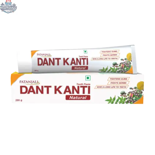 Patanjali Dant Kanti toothpaste tube showing herbal ingredients for natural oral care, placed on a white background