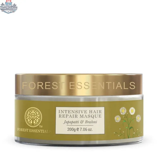 Forest Essentials Hair Repair Masque with Japapatti and Brahmi for intensive hair treatment, in a jar with product label visible.