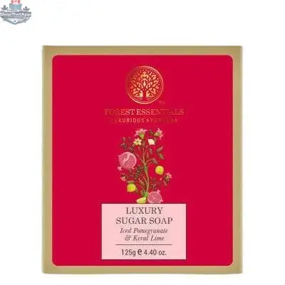Luxury sugar soap by Forest Essentials with iced pomegranate and Kerala lime for hydrating beauty and personal care.