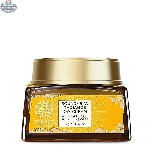 Forest Essentials Soundarya Radiance Cream with 24K gold and SPF30 for glowing skin, shown in a jar with gold accents.