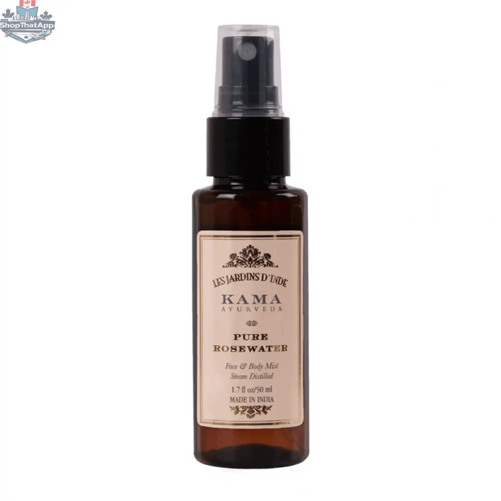 Kama Ayurveda Rose Water 50ml bottle, pure and natural hydrating facial mist for skincare, with rose flower imagery on the label.
