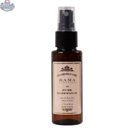 Kama Ayurveda Rose Water 50ml bottle, pure and natural hydrating facial mist for skincare, with rose flower imagery on the label.
