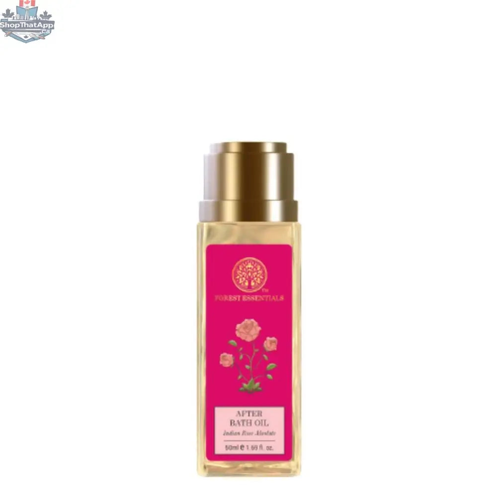 Forest Essentials Indian Rose Absolute After Bath Oil in a clear glass bottle with a dropper, showcasing its floral and nourishing formula.