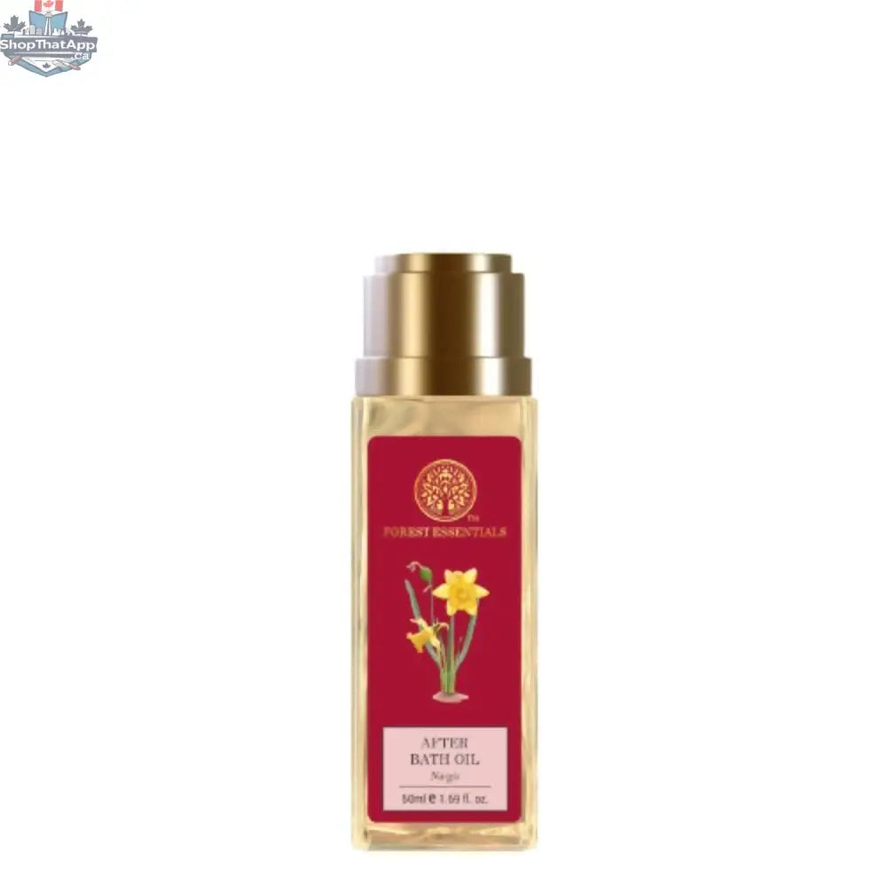Forest Essentials Nargis after bath oil bottle with elegant packaging, ideal for enhancing personal care routines.