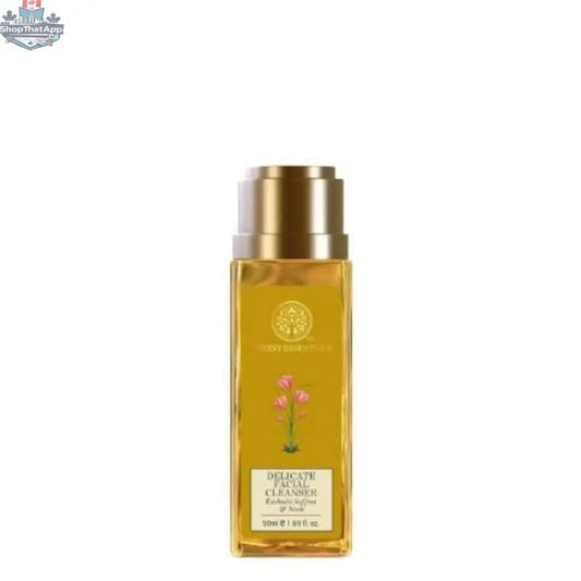 Forest Essentials facial cleanser with Kashmiri saffron and neem, shown in a white bottle with a pump dispenser for radiant skin.