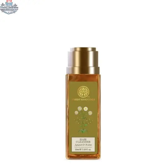 Forest Essentials Hair Cleanser with Japapatti and Brahmi, natural beauty personal-care product, in a clear bottle with herbal ingredients.