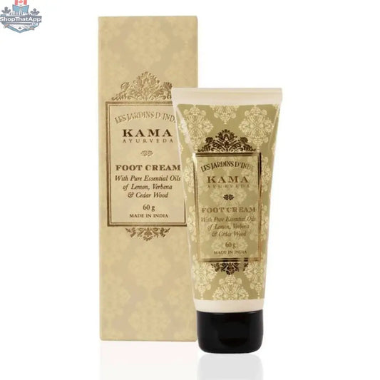 Kama Ayurveda Foot Cream jar with white lid, showing the product label and cream texture, for nourishing foot care.