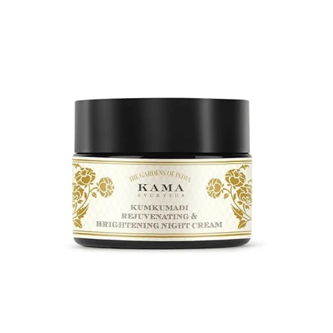Kama Ayurveda Kumkumadi Night Cream for rejuvenation and brightening, shown in a luxurious cream jar with tropical aesthetic background.