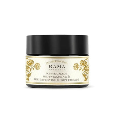Kama Ayurveda Kumkumadi Night Cream for rejuvenation and brightening, shown in a luxurious cream jar with tropical aesthetic background.