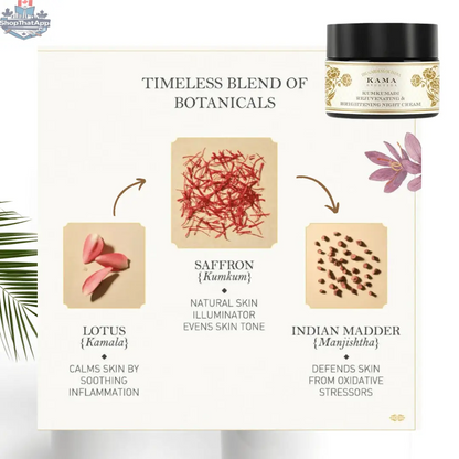 Kama Ayurveda Kumkumadi Night Cream in a jar for rejuvenation and brightening, displayed alongside a tropical-scented candle.