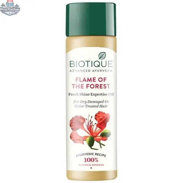Biotique Bio Flame of the Forest Hair Oil by Prithvi Mart with fresh shine expertise, displayed in a clear bottle with a pump dispenser.
