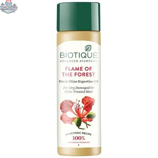 Biotique Bio Flame of the Forest Hair Oil by Prithvi Mart with fresh shine expertise, displayed in a clear bottle with a pump dispenser.