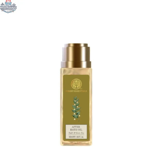 Forest Essentials after bath oil with oudh and green tea, featuring a glass bottle with dropper for nourishing personal care.
