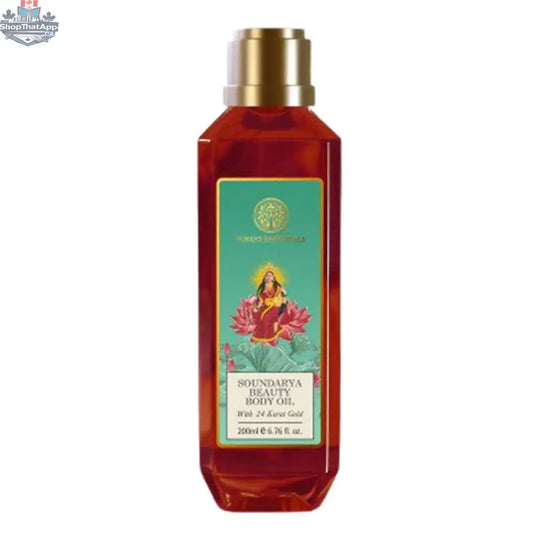 Forest Essentials Soundarya Beauty Body Oil with 24 Karat Gold, luxurious personal care oil in elegant packaging.