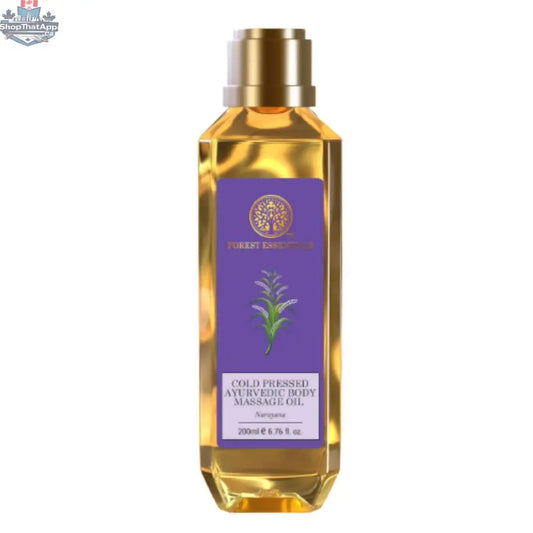 Forest Essentials Ayurvedic Body Massage Oil Narayana, cold-pressed herbal oil for nourishing and soothing skin care.