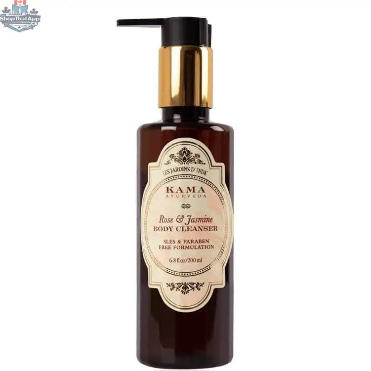 Kama Ayurveda body cleanser with rose and jasmine in a 200ml bottle, featuring floral scent and gentle skincare ingredients.
