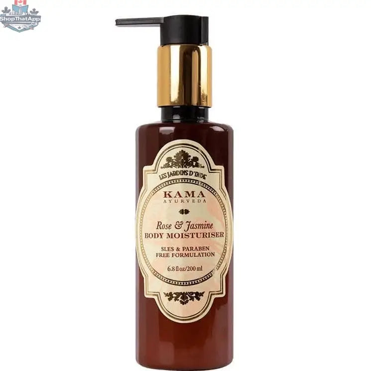 Kama Ayurveda Body Moisturiser with Rose and Jasmine, 200ml, in a sleek lotion bottle with floral accents, suitable for daily skincare.
