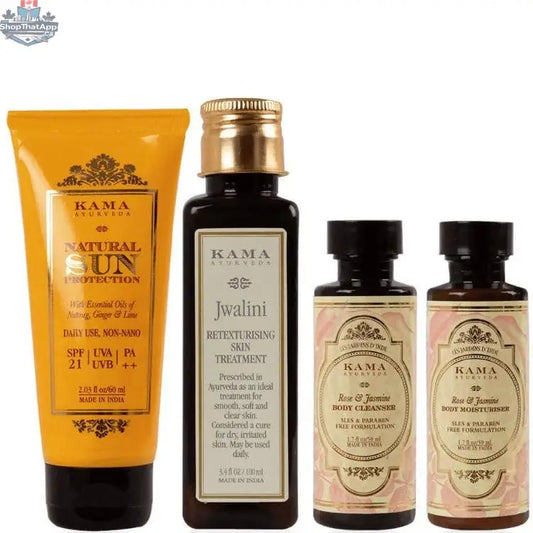 Kama Ayurveda bodycare products including body oil, lotion, and scrub for natural personal care, displayed together.
