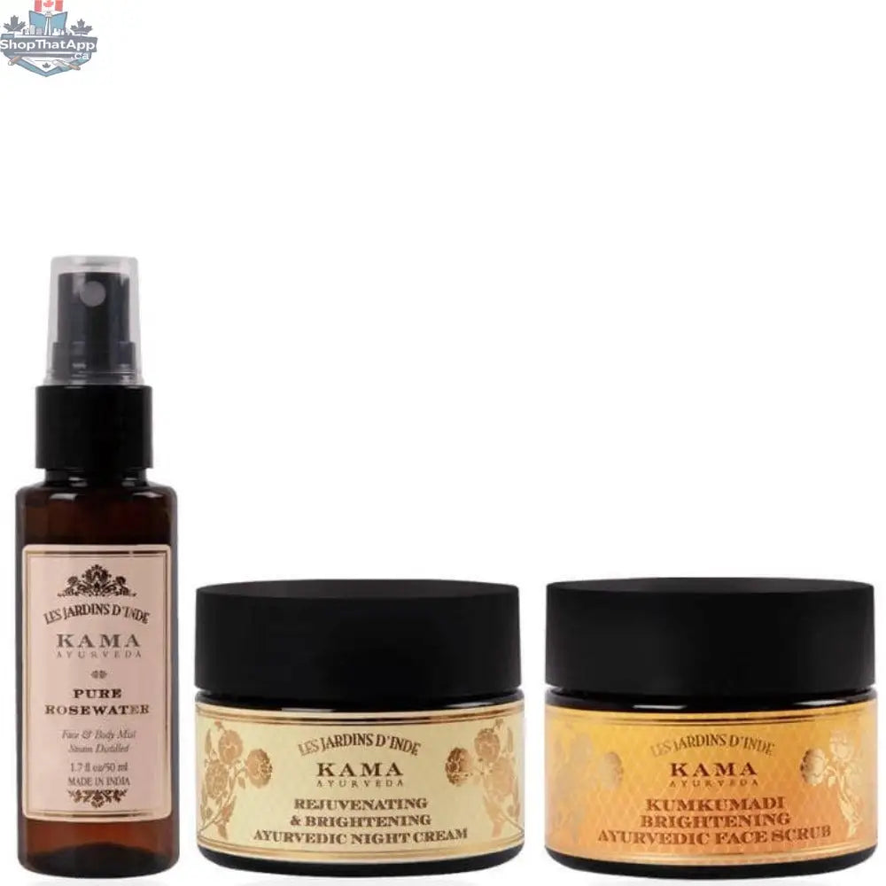 Kama Ayurveda Brightening Regime for Radiant Skin includes skincare products, featuring natural ingredients and elegant packaging.