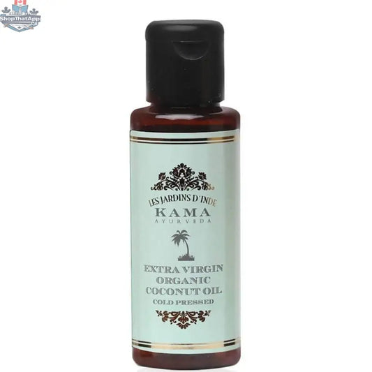Extra virgin organic coconut oil from Kama Ayurveda, shown in a clear container, ideal for skin and hair care.