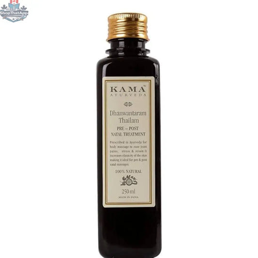 Kama Ayurveda Dhanwantaram Thailam oil for pre- and post-natal treatment, featuring herbal ingredients used in personal care.