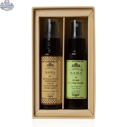 Kama Ayurveda men's skincare set with face care products in a gift box, featuring natural ingredients and grooming essentials.