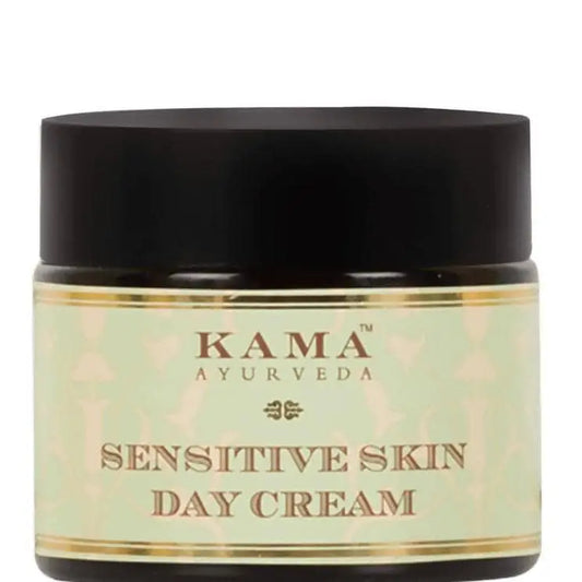 Kama Ayurveda Sensitive Skin Cream 50g, nourishing moisturizer for delicate skin, in a white jar with a green lid.